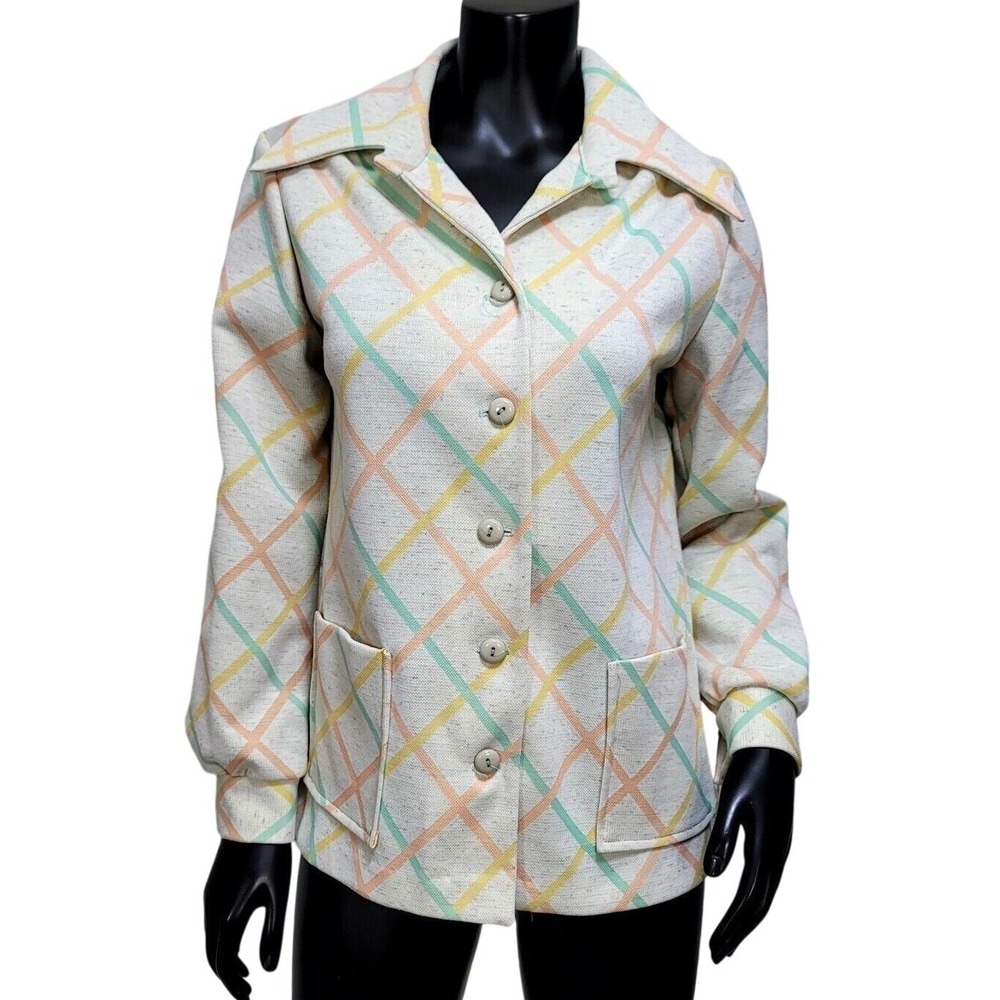 Vintage‎ 70s Pastel Plaid Knit Polyester Jacket Womens Mod Disco Spring Blazer